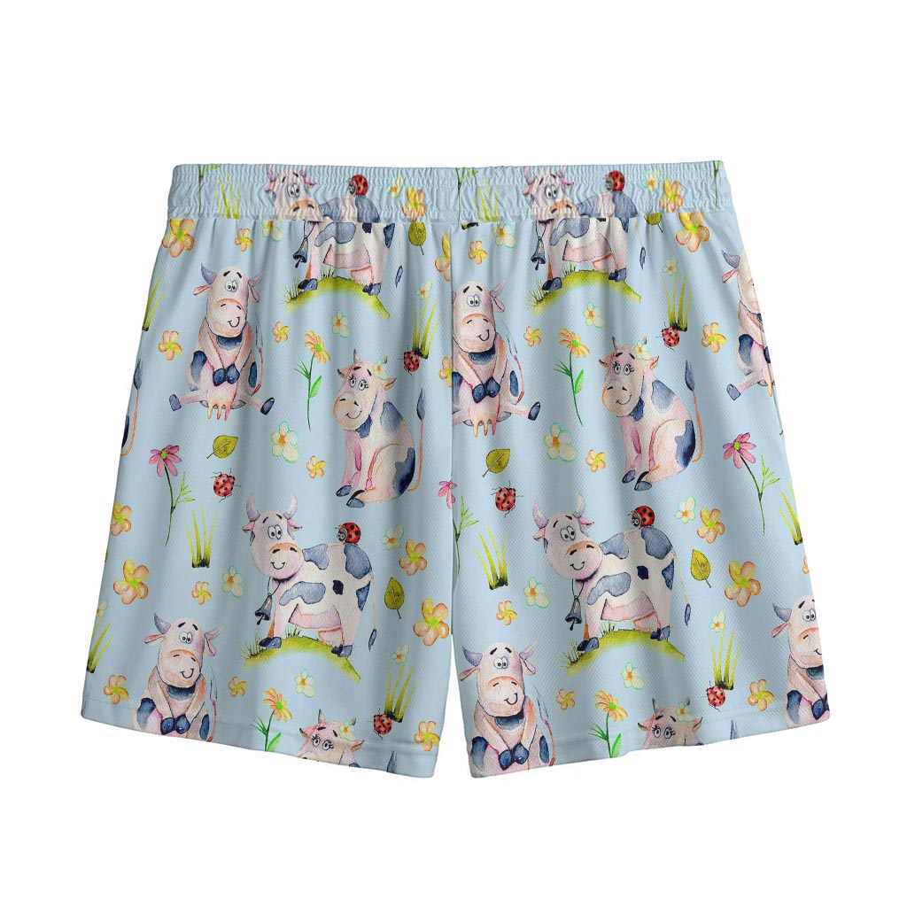Watercolor Cartoon Cow Pattern Print Mesh Shorts