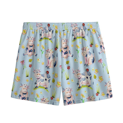 Watercolor Cartoon Cow Pattern Print Mesh Shorts