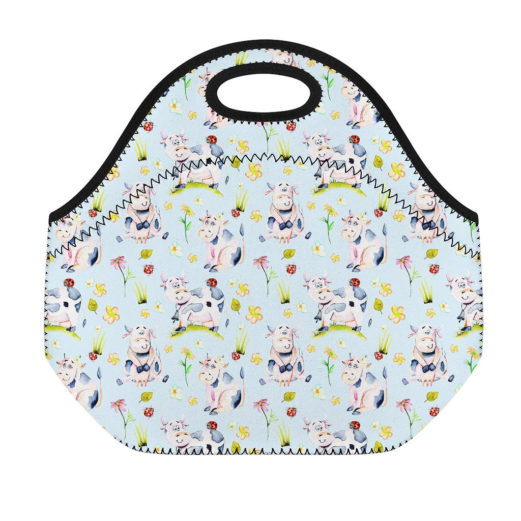 Watercolor Cartoon Cow Pattern Print Neoprene Lunch Bag