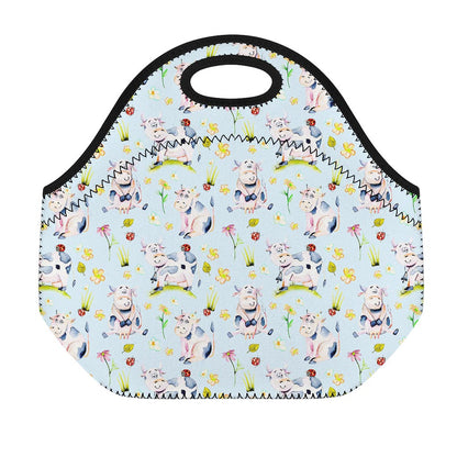 Watercolor Cartoon Cow Pattern Print Neoprene Lunch Bag