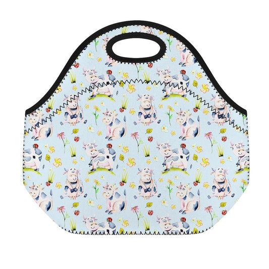 Watercolor Cartoon Cow Pattern Print Neoprene Lunch Bag