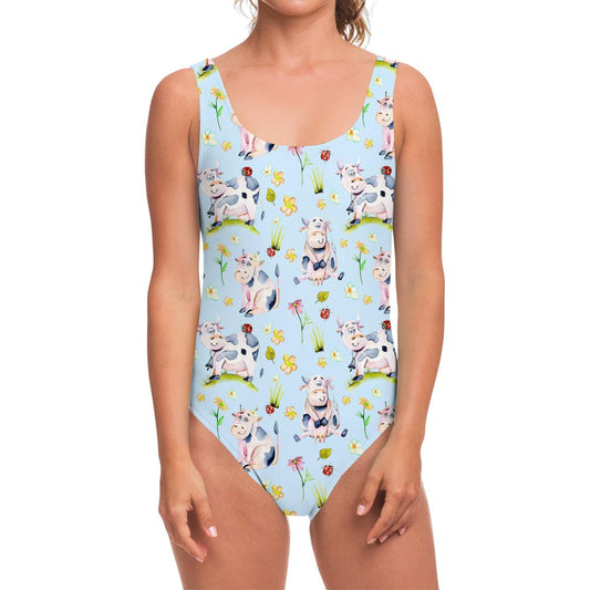 Watercolor Cartoon Cow Pattern Print One Piece Swimsuit