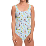 Watercolor Cartoon Cow Pattern Print One Piece Swimsuit