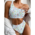 Watercolor Cartoon Cow Pattern Print One Shoulder Bikini Set