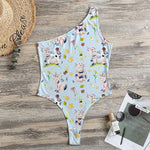 Watercolor Cartoon Cow Pattern Print One Shoulder Bodysuit