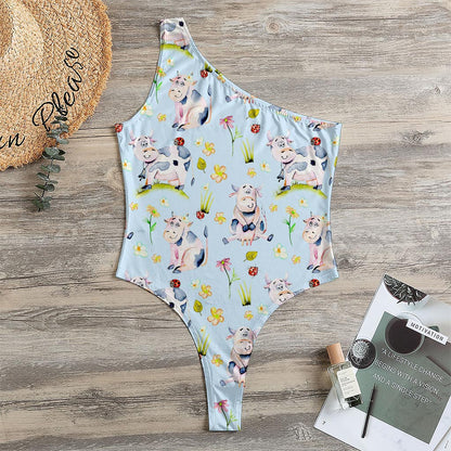 Watercolor Cartoon Cow Pattern Print One Shoulder Bodysuit