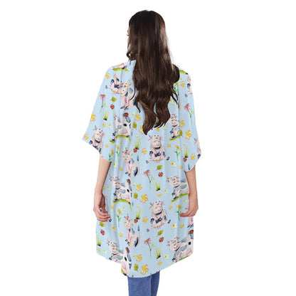 Watercolor Cartoon Cow Pattern Print Open Front Beach Cover Up