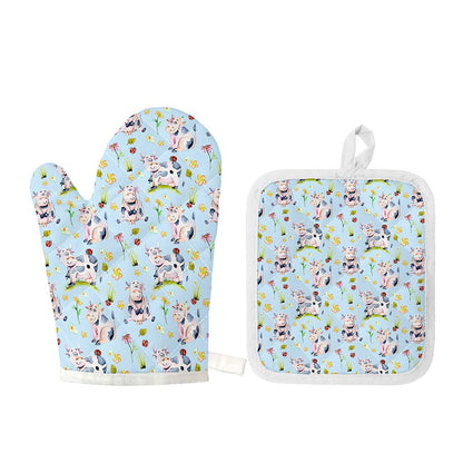 Watercolor Cartoon Cow Pattern Print Oven Mitt And Pot Holder Set