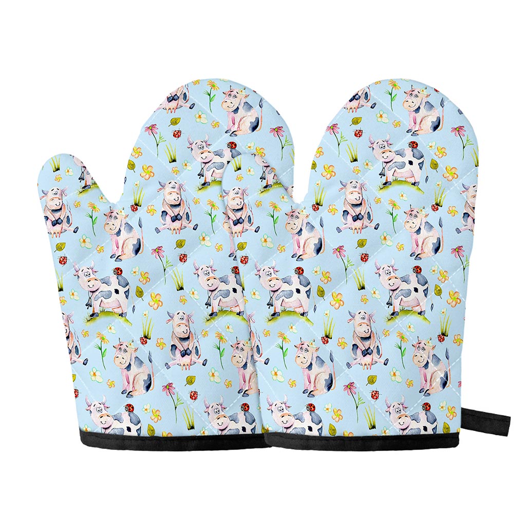 Watercolor Cartoon Cow Pattern Print Oven Mitts