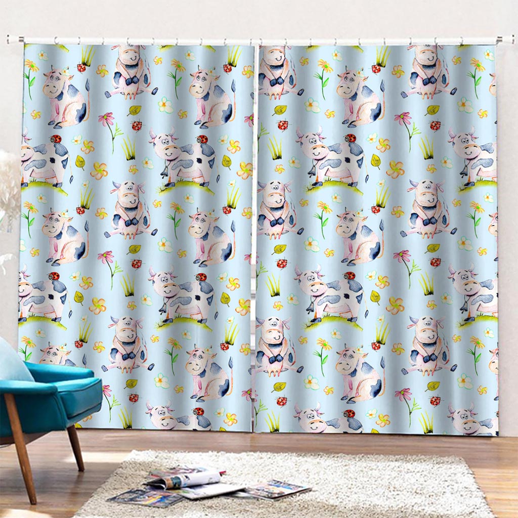 Watercolor Cartoon Cow Pattern Print Pencil Pleat Curtains