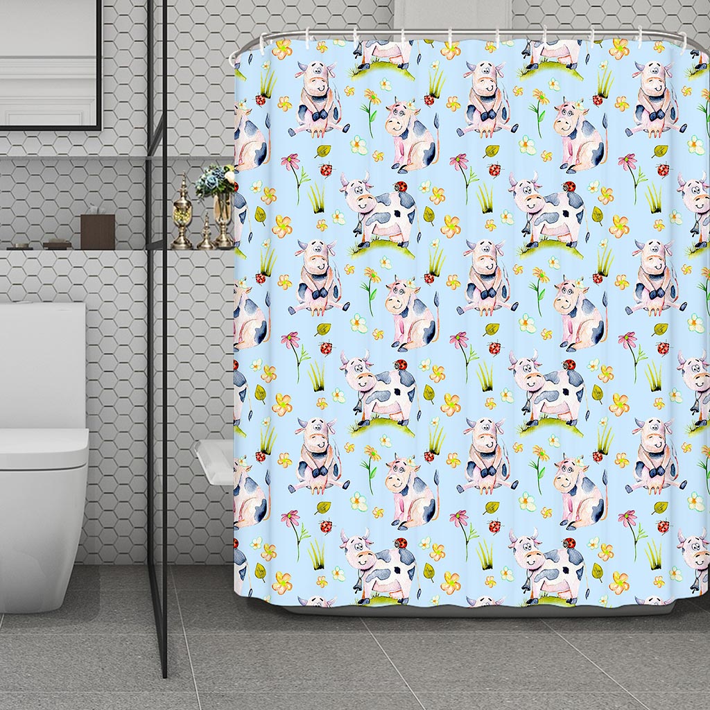 Watercolor Cartoon Cow Pattern Print Polyester Shower Curtain