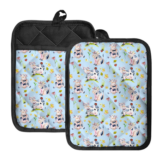 Watercolor Cartoon Cow Pattern Print Pot Holders With Pocket