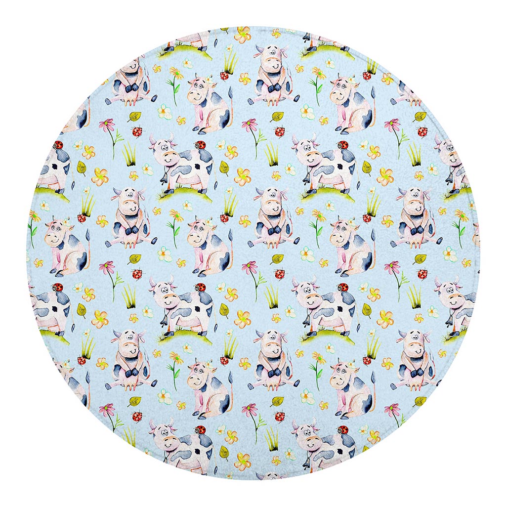 Watercolor Cartoon Cow Pattern Print Round Blanket