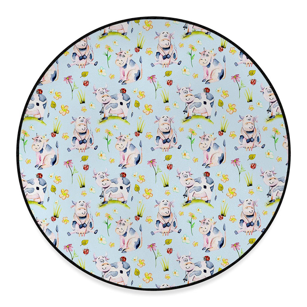 Watercolor Cartoon Cow Pattern Print Round Floor Mat