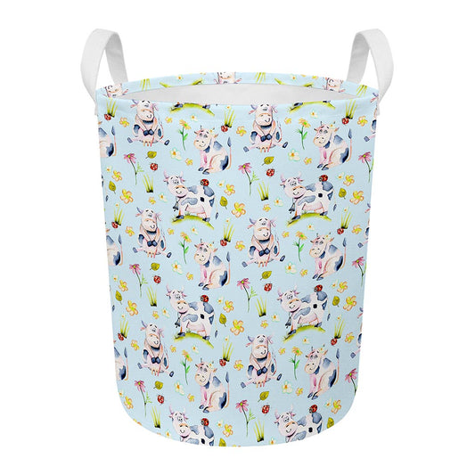 Watercolor Cartoon Cow Pattern Print Round Laundry Basket