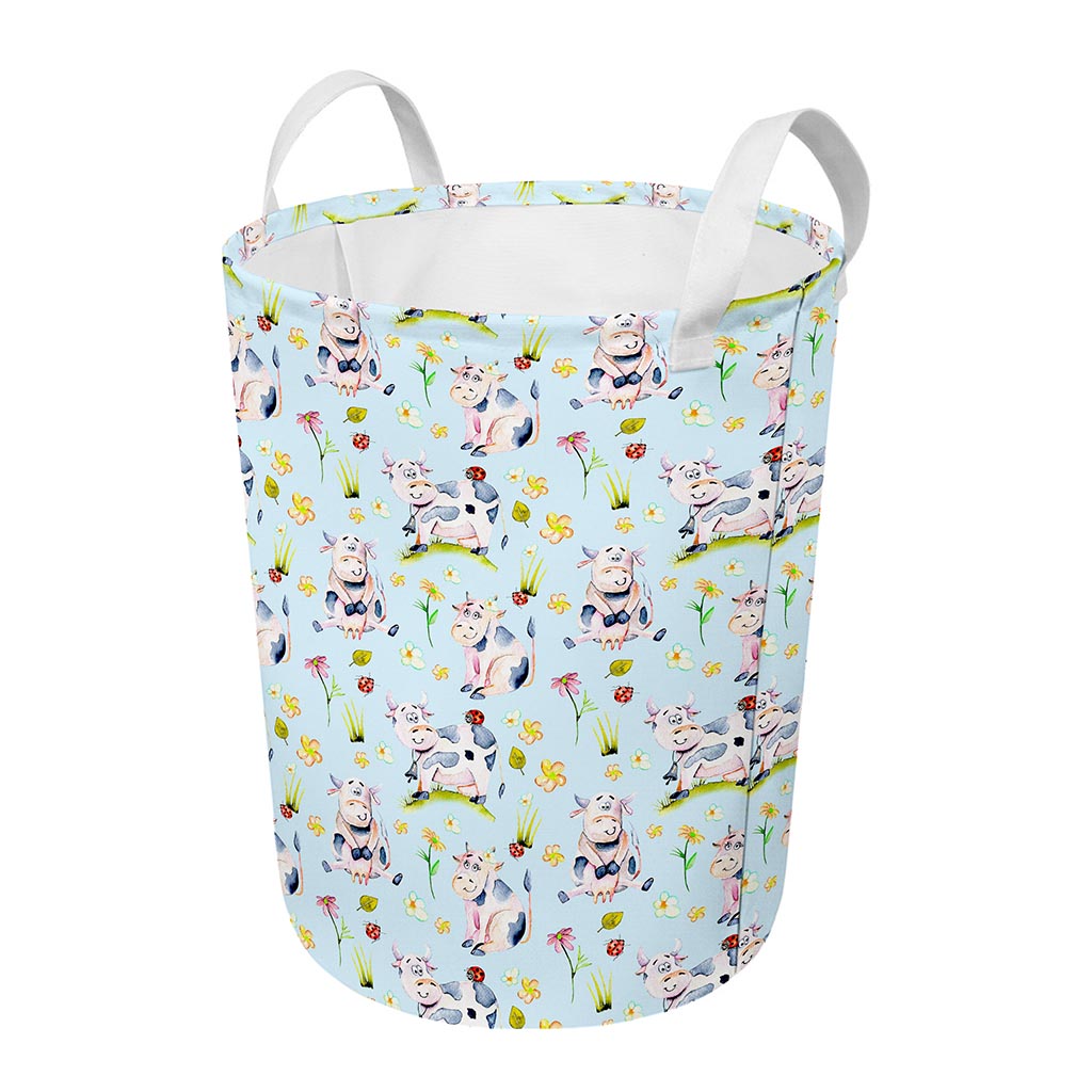 Watercolor Cartoon Cow Pattern Print Round Laundry Basket