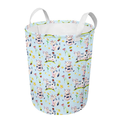 Watercolor Cartoon Cow Pattern Print Round Laundry Basket