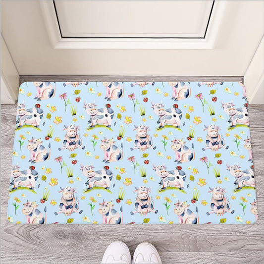 Watercolor Cartoon Cow Pattern Print Rubber Doormat