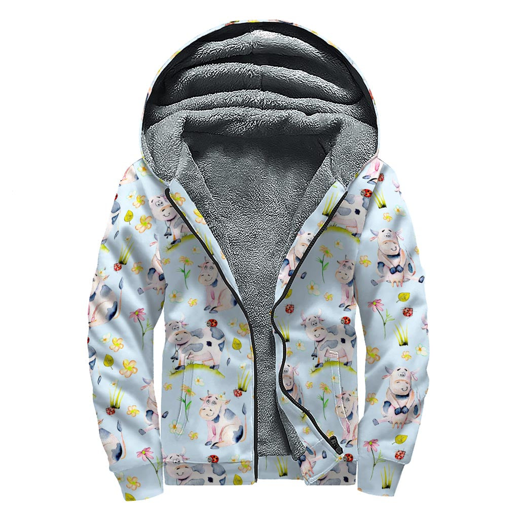 Watercolor Cartoon Cow Pattern Print Sherpa Lined Zip Up Hoodie