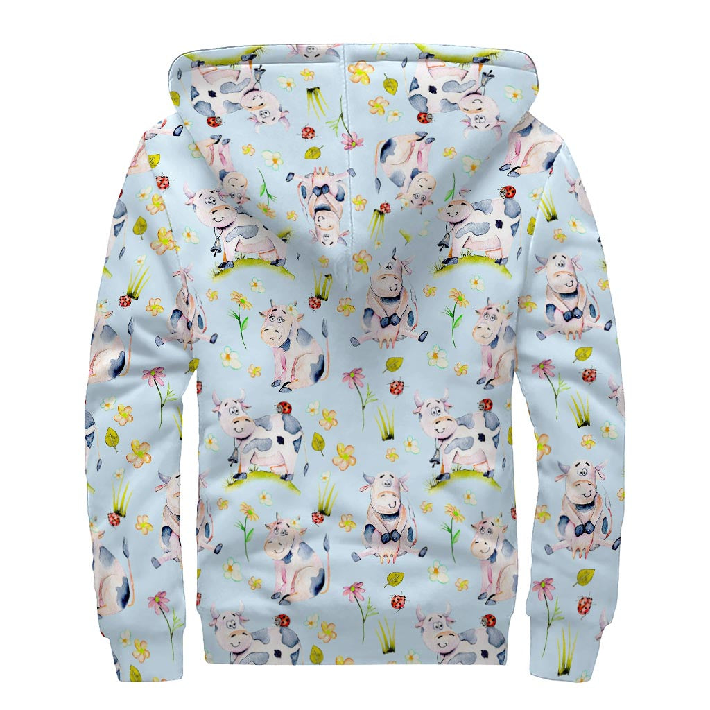 Watercolor Cartoon Cow Pattern Print Sherpa Lined Zip Up Hoodie