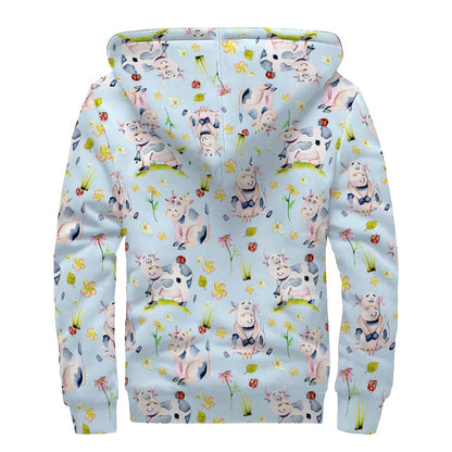 Watercolor Cartoon Cow Pattern Print Sherpa Lined Zip Up Hoodie