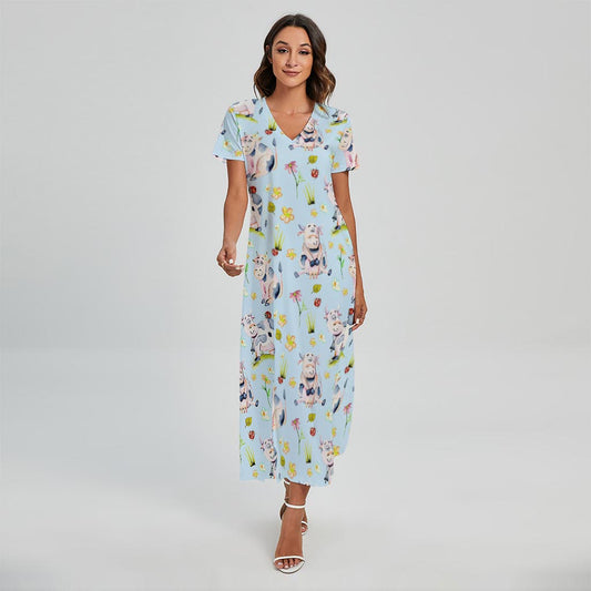 Watercolor Cartoon Cow Pattern Print Short Sleeve Maxi Dress