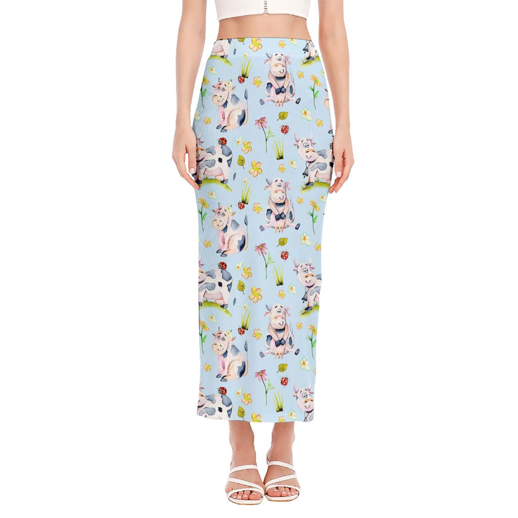 Watercolor Cartoon Cow Pattern Print Side Slit Maxi Skirt