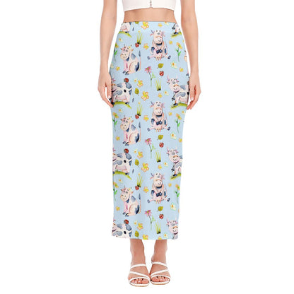 Watercolor Cartoon Cow Pattern Print Side Slit Maxi Skirt