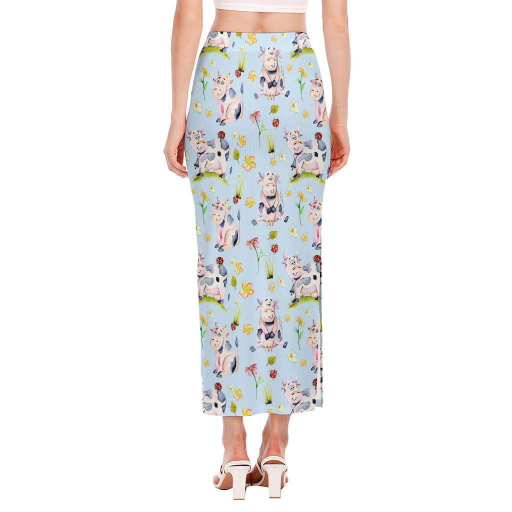 Watercolor Cartoon Cow Pattern Print Side Slit Maxi Skirt