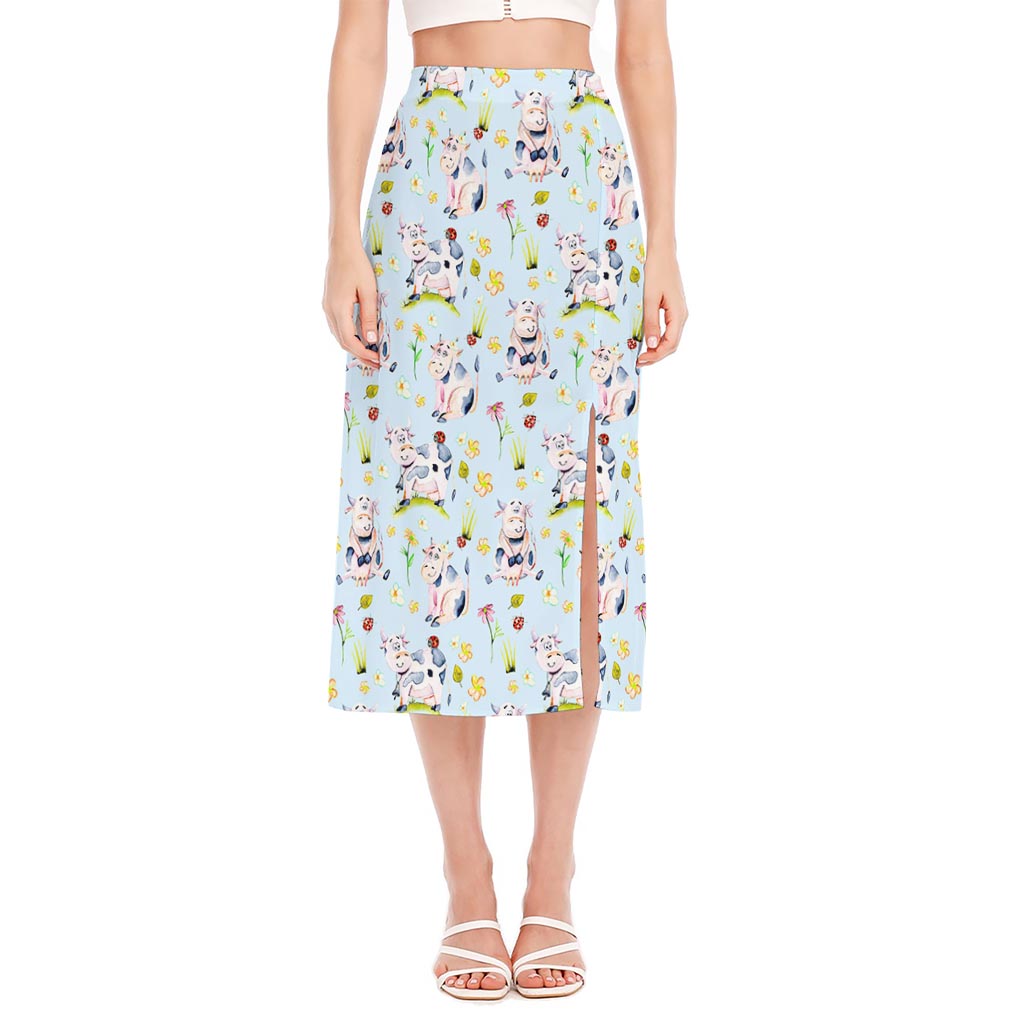Watercolor Cartoon Cow Pattern Print Side Slit Midi Skirt