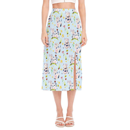 Watercolor Cartoon Cow Pattern Print Side Slit Midi Skirt