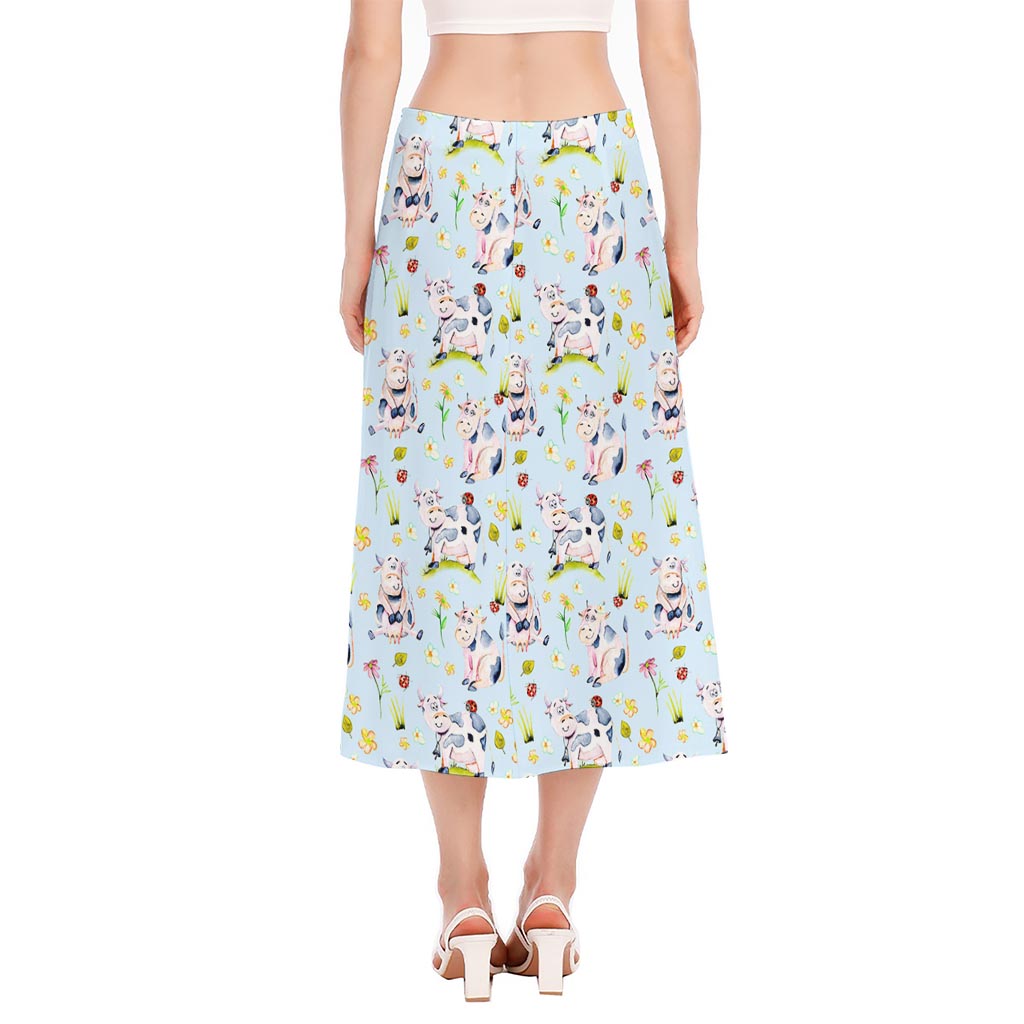 Watercolor Cartoon Cow Pattern Print Side Slit Midi Skirt