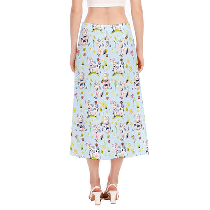 Watercolor Cartoon Cow Pattern Print Side Slit Midi Skirt