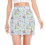 Watercolor Cartoon Cow Pattern Print Side Slit Mini Skirt