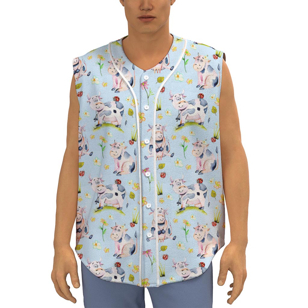 Watercolor Cartoon Cow Pattern Print Sleeveless Baseball Jersey