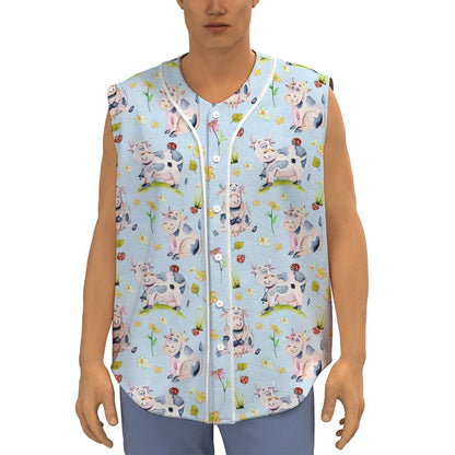 Watercolor Cartoon Cow Pattern Print Sleeveless Baseball Jersey