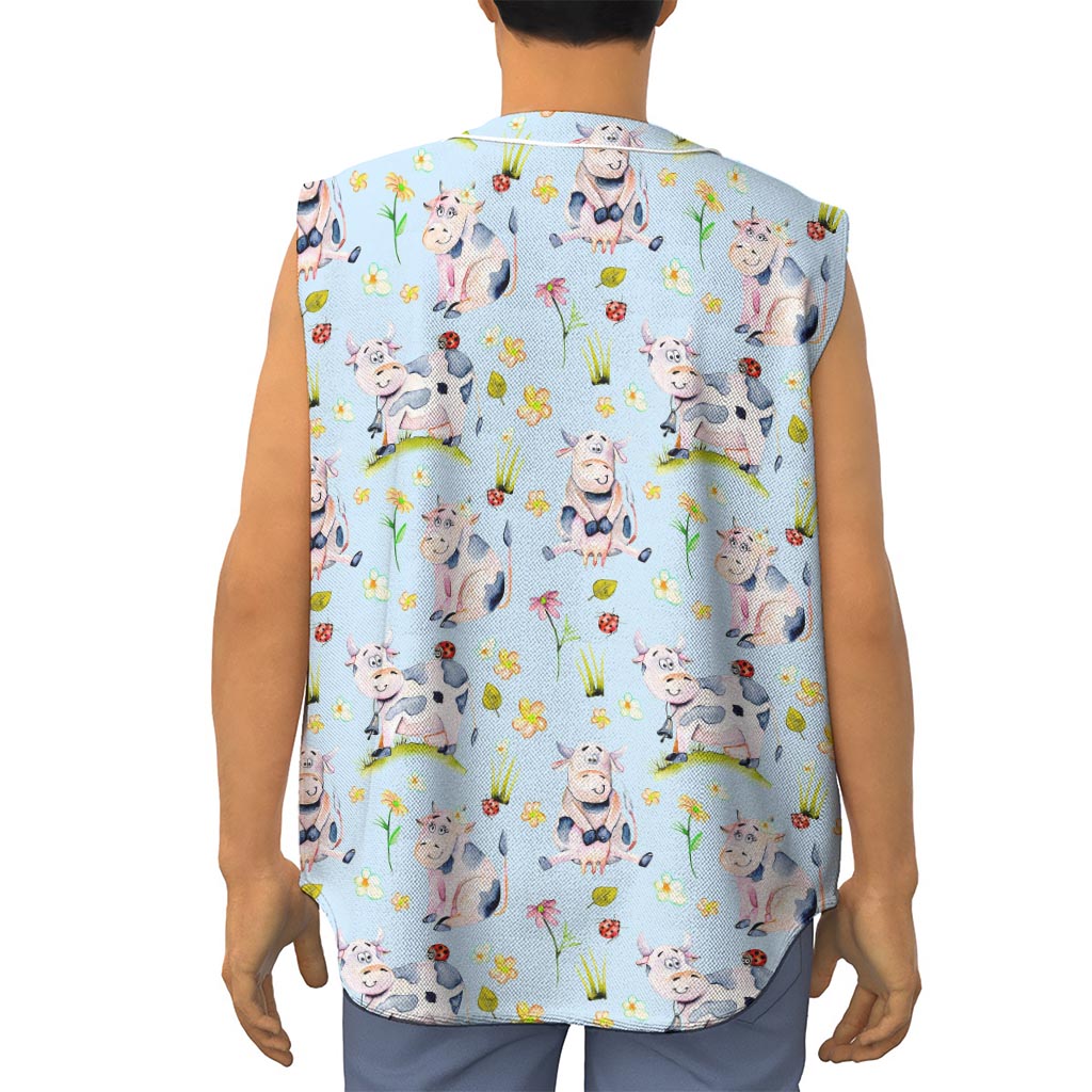 Watercolor Cartoon Cow Pattern Print Sleeveless Baseball Jersey
