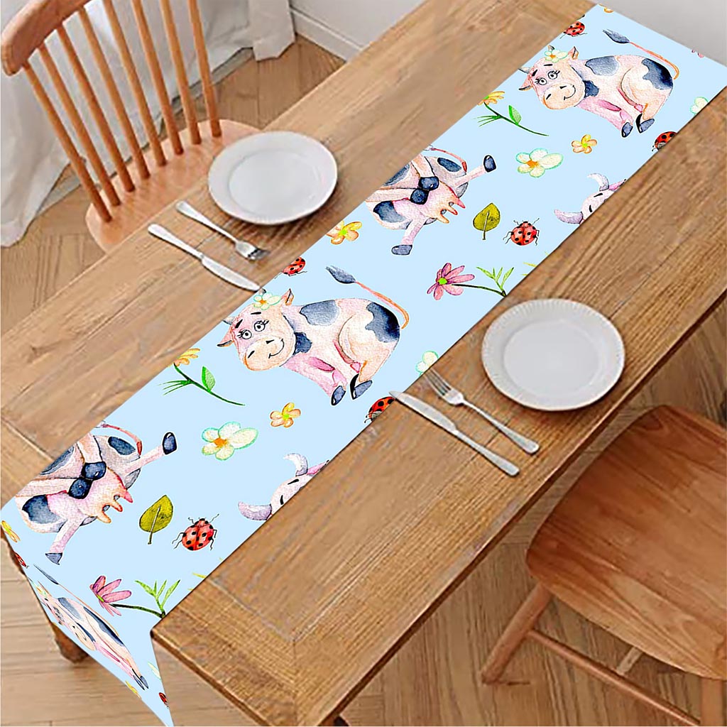 Watercolor Cartoon Cow Pattern Print Table Runner