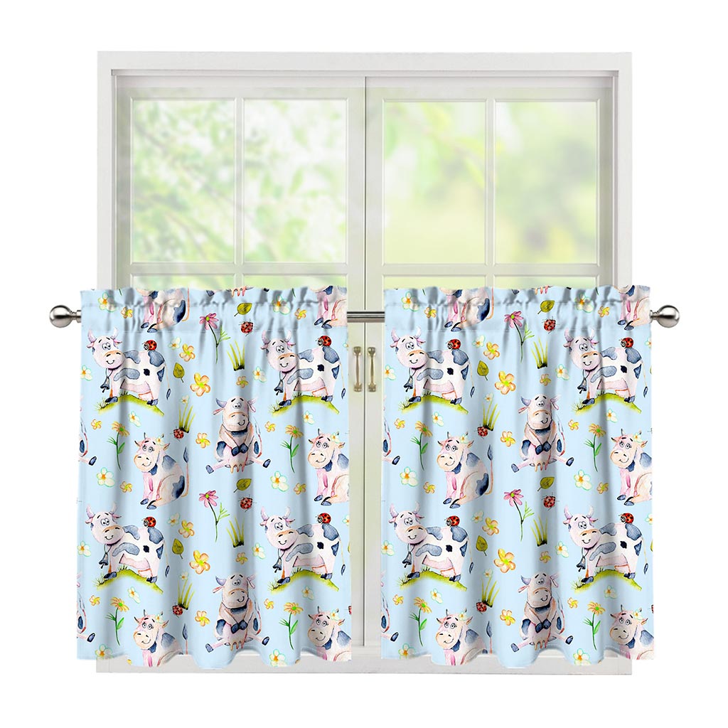 Watercolor Cartoon Cow Pattern Print Tier Curtains