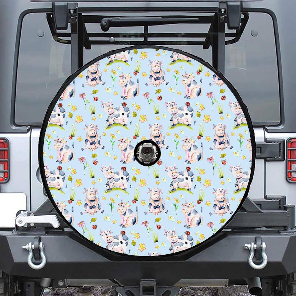 Watercolor Cartoon Cow Pattern Print Tire Cover With Camera Hole