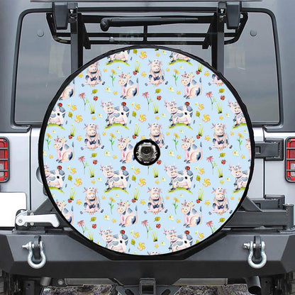 Watercolor Cartoon Cow Pattern Print Tire Cover With Camera Hole