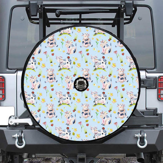 Watercolor Cartoon Cow Pattern Print Tire Cover With Camera Hole