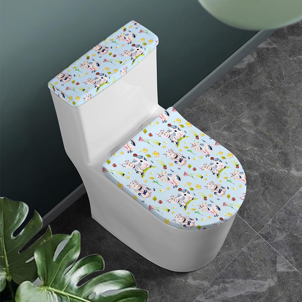 Watercolor Cartoon Cow Pattern Print Toilet Lid And Tank Cover Set