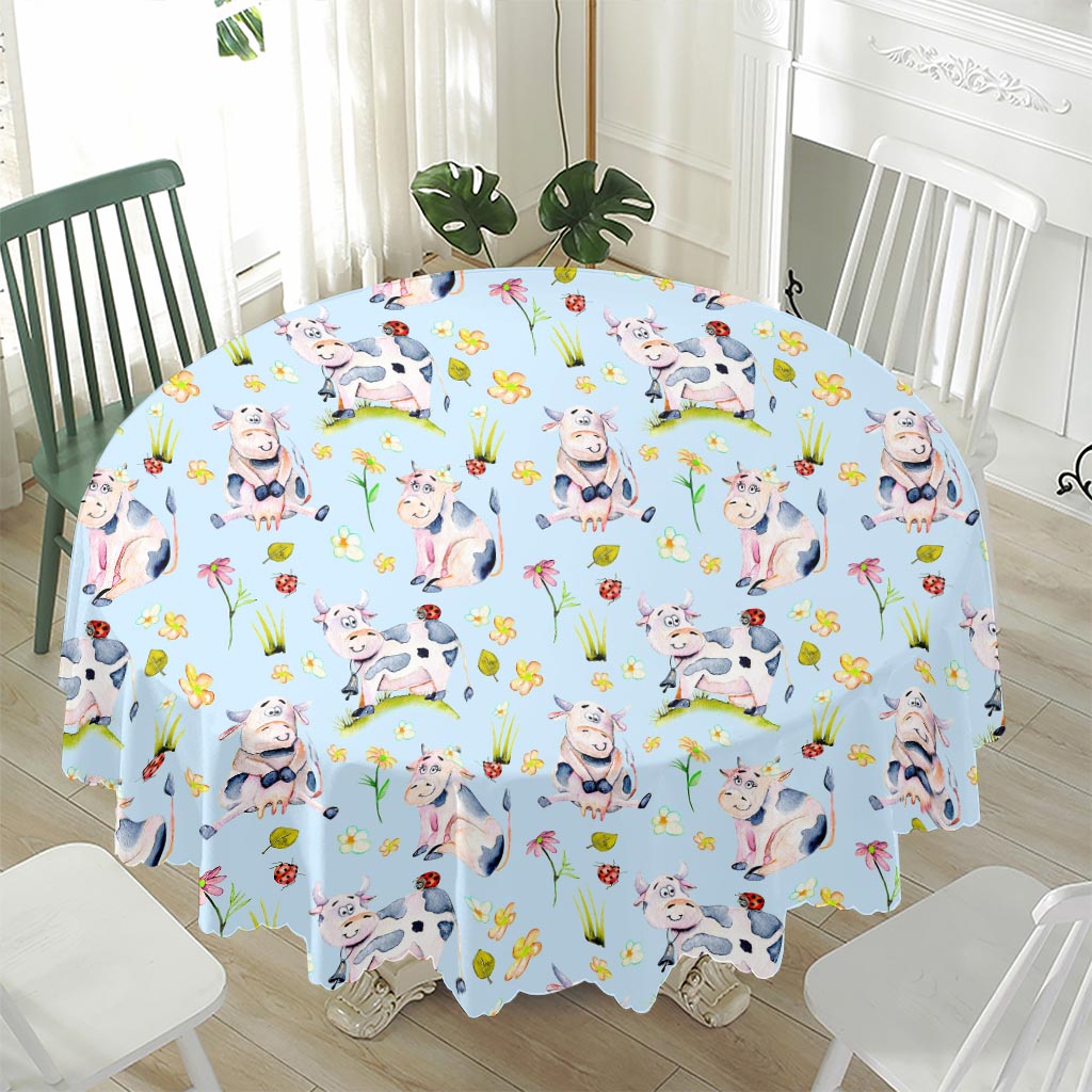 Watercolor Cartoon Cow Pattern Print Waterproof Round Tablecloth