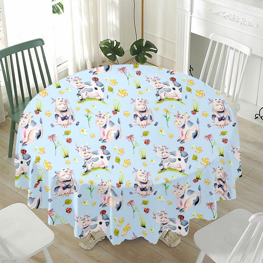 Watercolor Cartoon Cow Pattern Print Waterproof Round Tablecloth