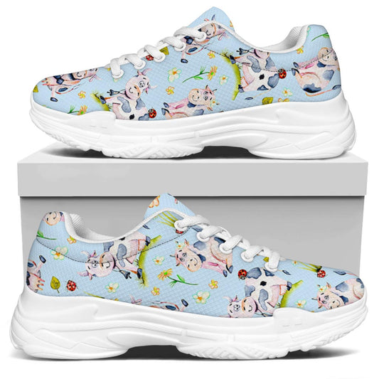 Watercolor Cartoon Cow Pattern Print White Chunky Shoes