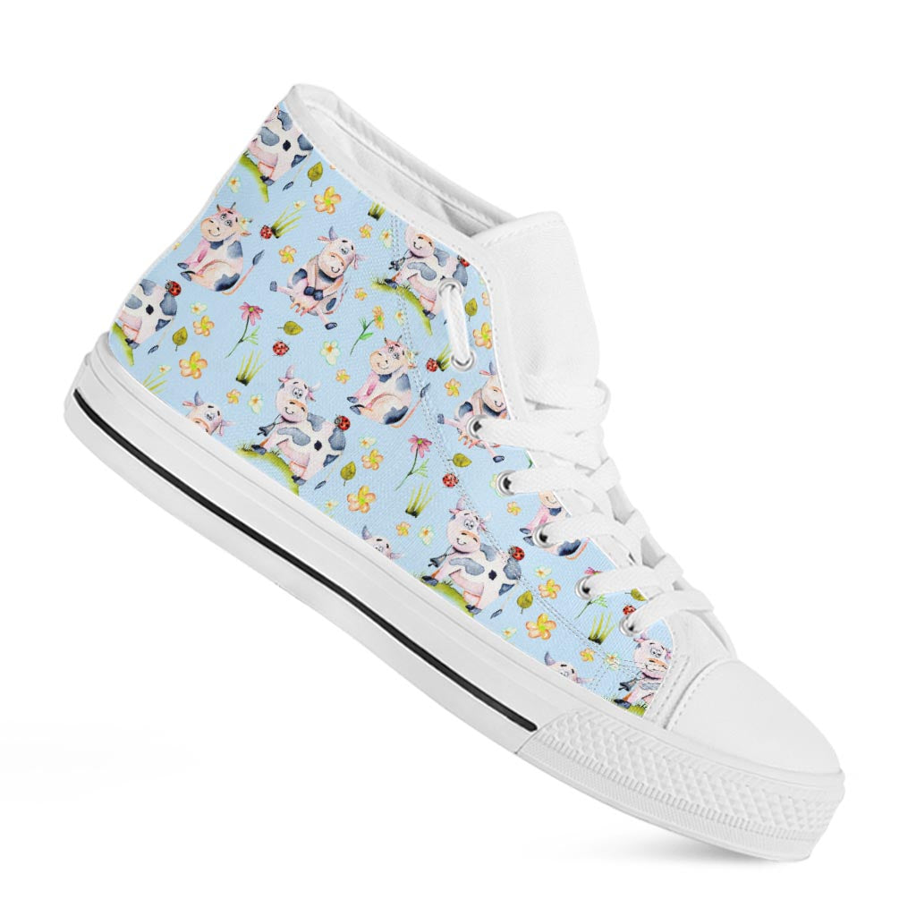 Watercolor Cartoon Cow Pattern Print White High Top Sneakers