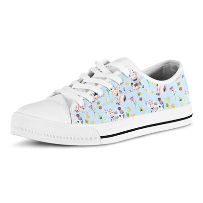 Watercolor Cartoon Cow Pattern Print White Low Top Sneakers