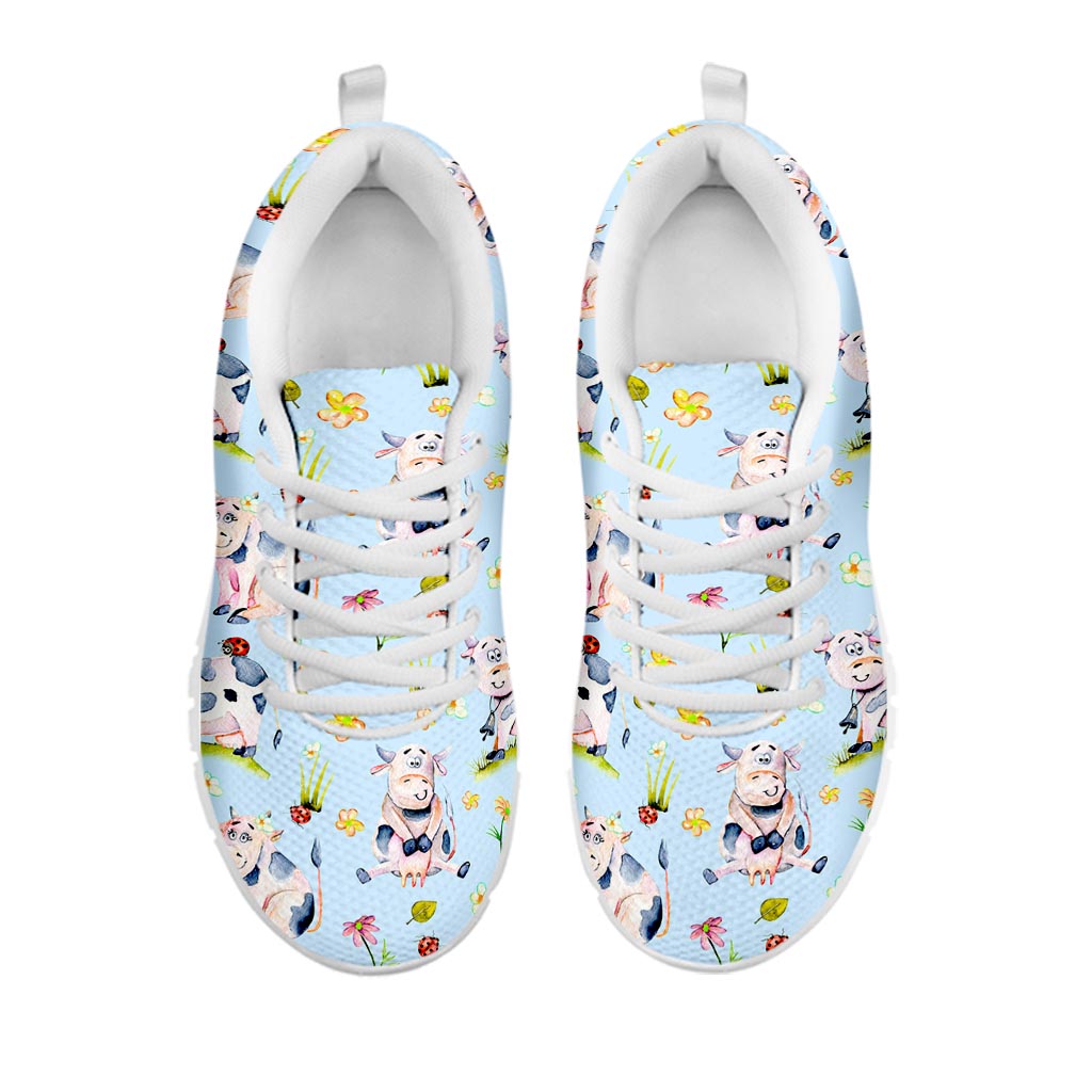 Watercolor Cartoon Cow Pattern Print White Running Shoes