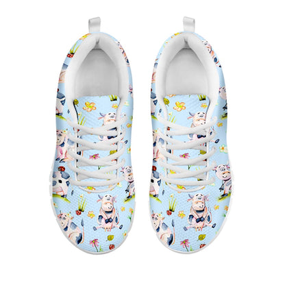 Watercolor Cartoon Cow Pattern Print White Running Shoes